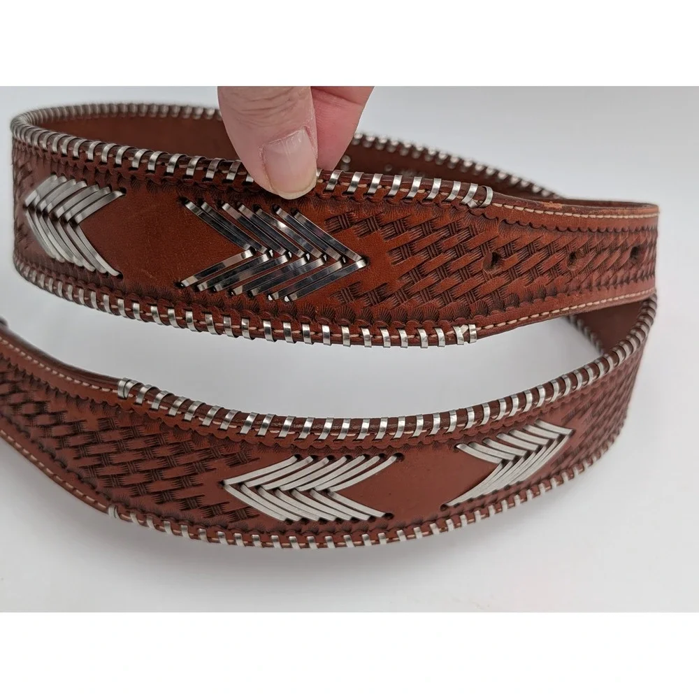 Unisex Western Belt Basketweave Metal Arrowhead Tooled Brown